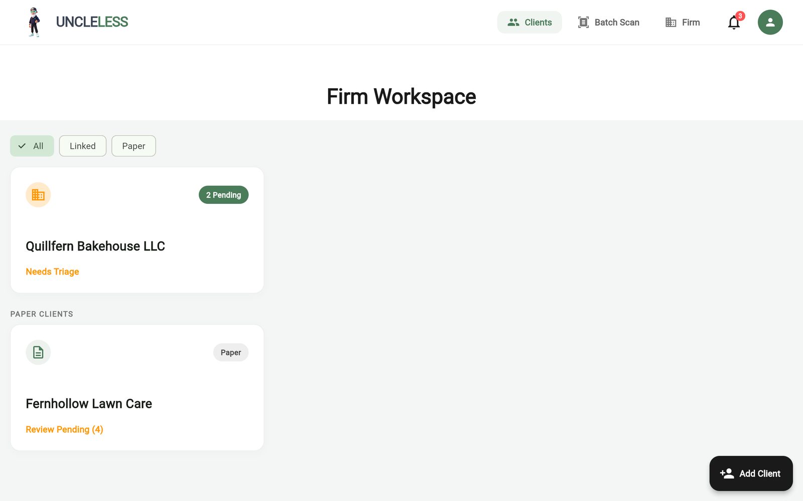 UncleLess: Your Clients tab