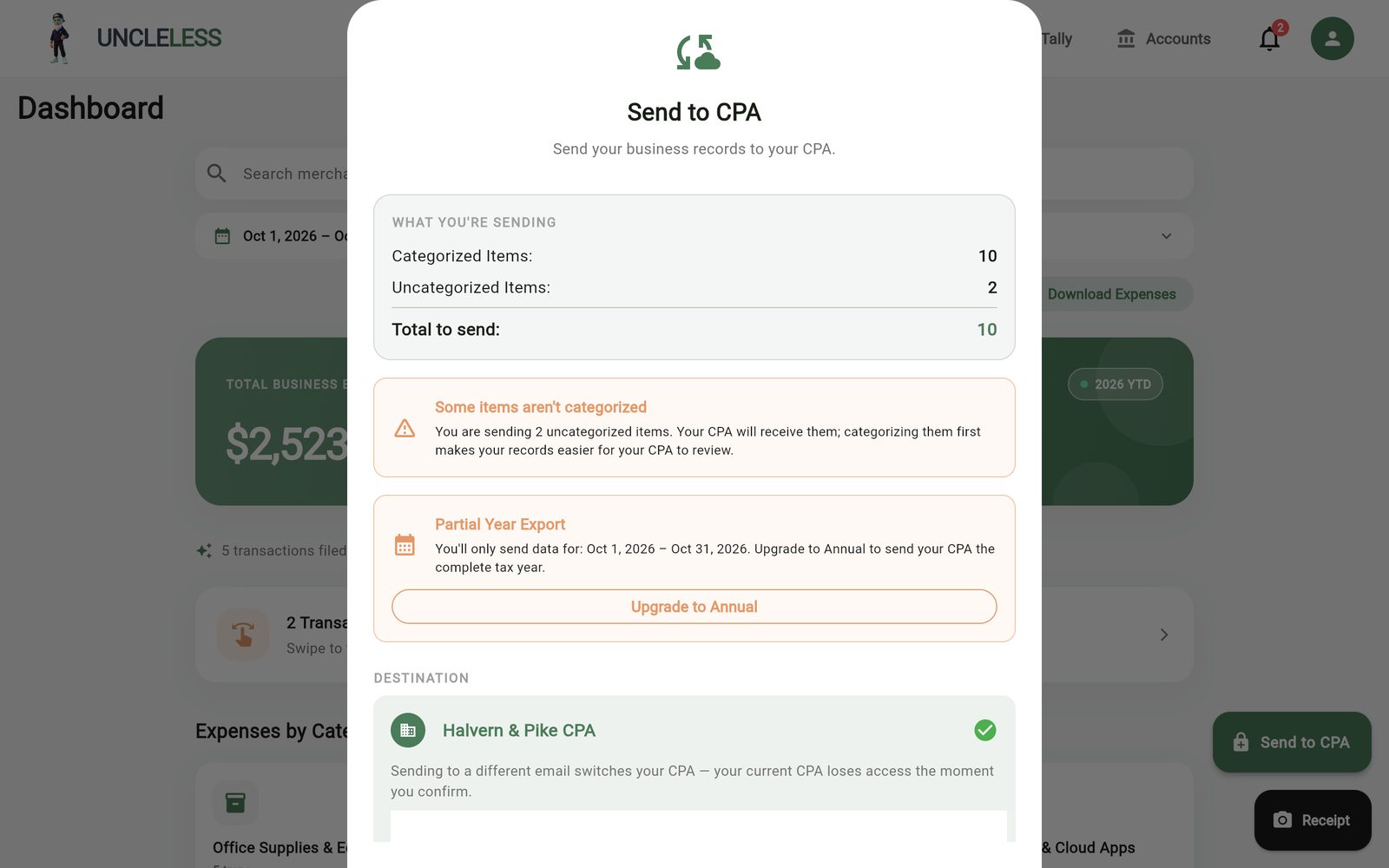 UncleLess: Send to your CPA