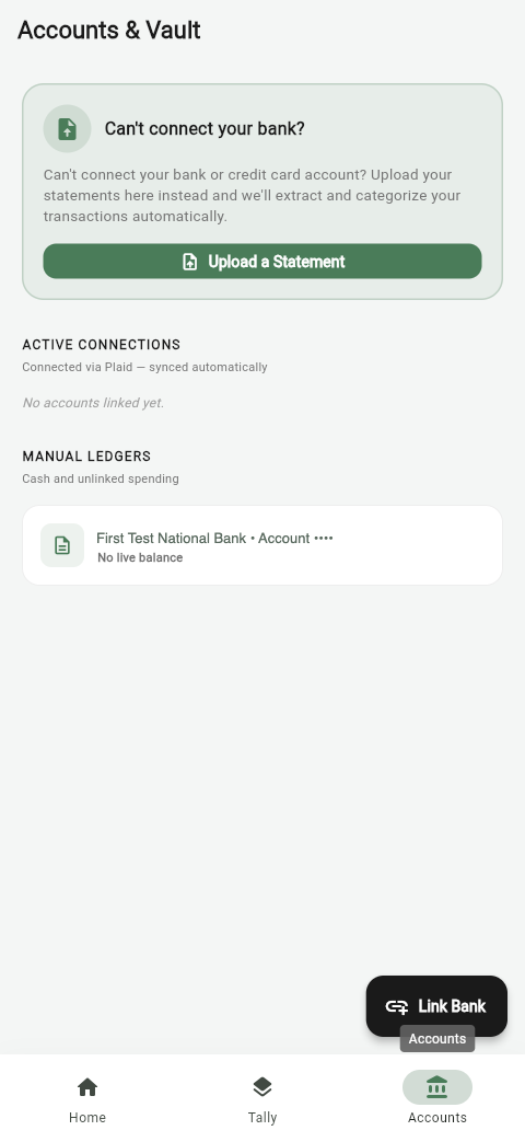 UncleLess Accounts & Vault screen showing linked bank accounts