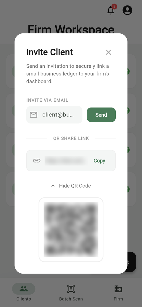 UncleLess Invite Client screen with an invite link and a QR code