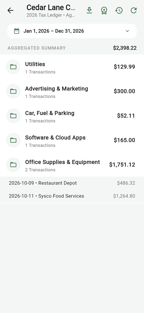 A client's ledger in UncleLess, grouped by category with totals