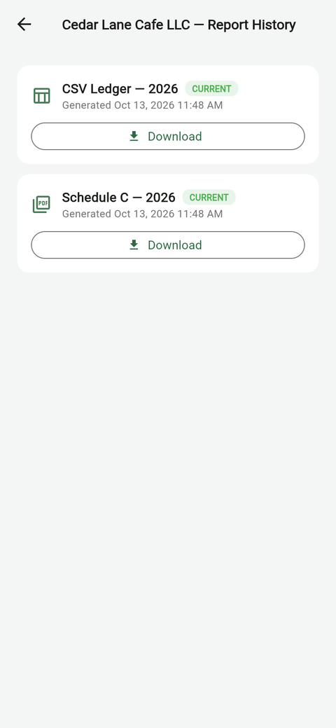 A client's Report History in UncleLess with a CSV ledger and a Schedule C ready to download