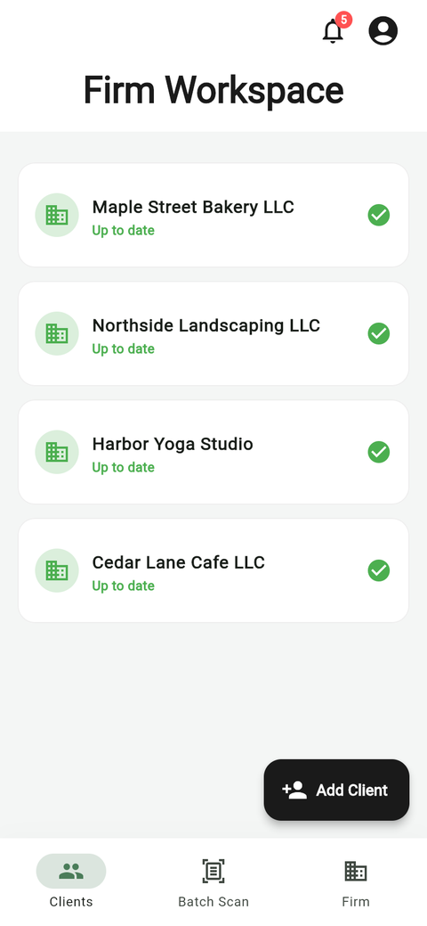 UncleLess Firm Workspace listing a CPA's clients, each marked up to date