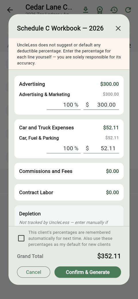 UncleLess Schedule C Workbook with the CPA's own percentages entered