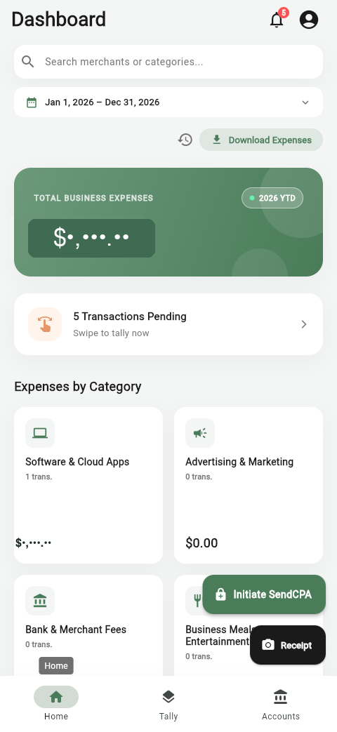 UncleLess dashboard showing total business expenses and expenses by category