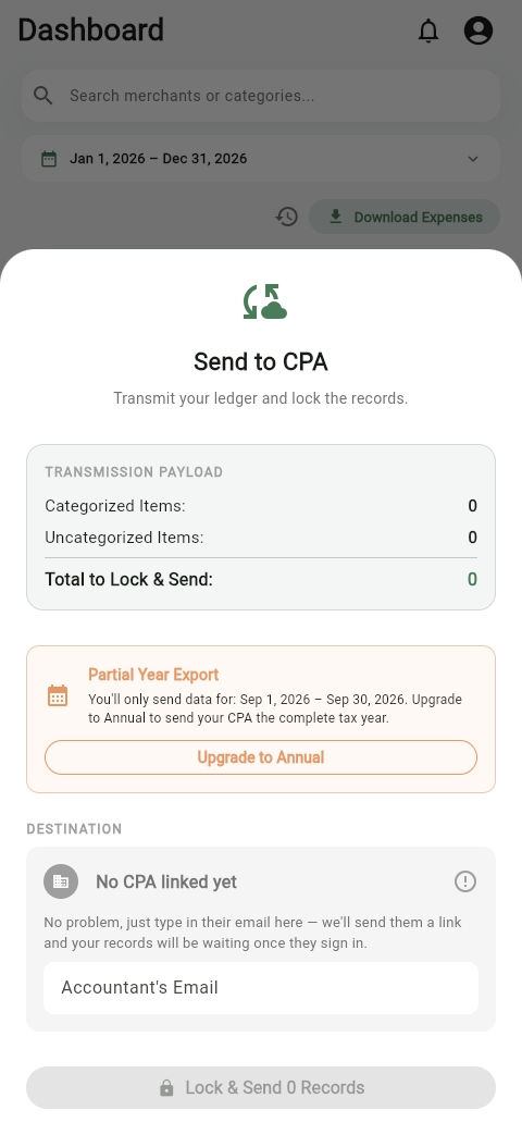 UncleLess Send to CPA screen for transmitting your ledger