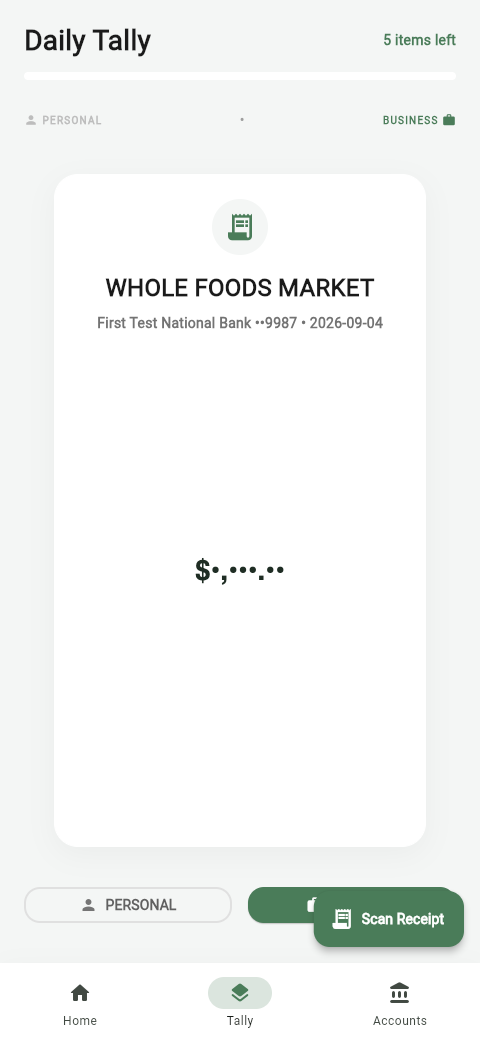 UncleLess Daily Tally screen for swiping a transaction as business or personal